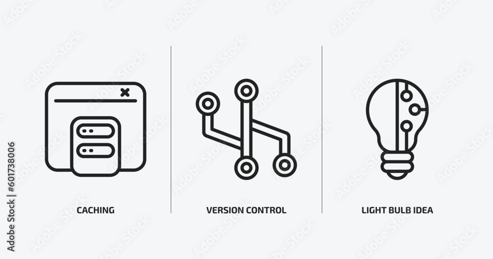 Poster technology outline icons set. technology icons such as caching, version control, light bulb idea vec