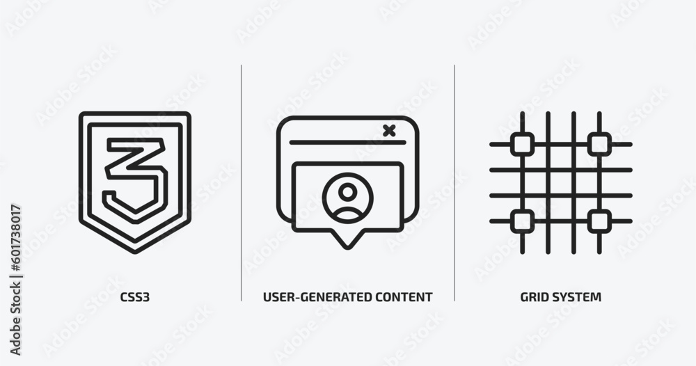 Poster technology outline icons set. technology icons such as css3, user-generated content, grid system vec
