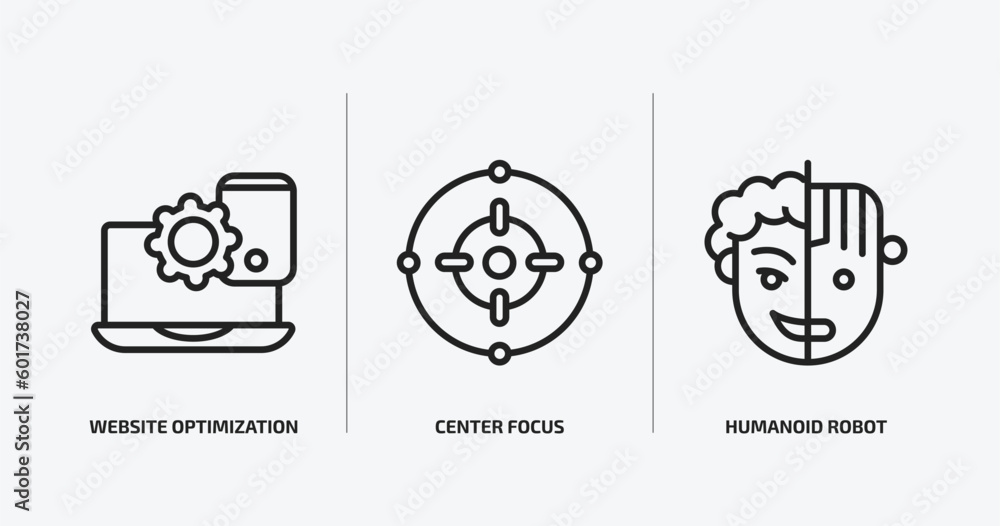 Poster technology outline icons set. technology icons such as website optimization, center focus, humanoid 