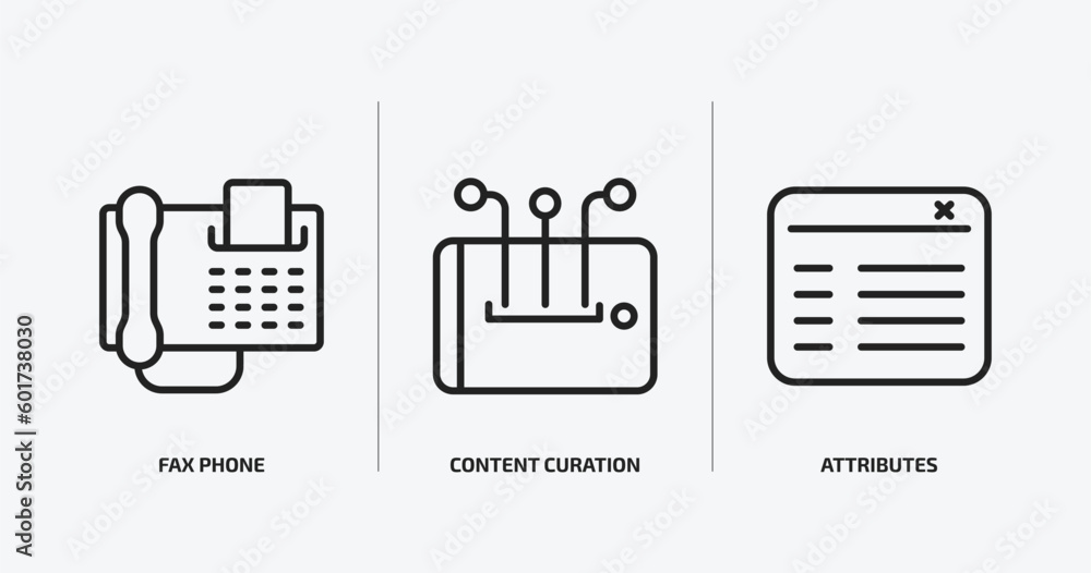 Aufkleber technology outline icons set. technology icons such as fax phone, content curation, attributes vecto