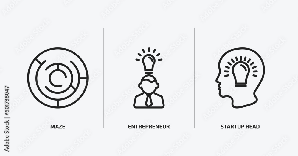 Poster startup stategy and outline icons set. startup stategy and icons such as maze, entrepreneur, startup