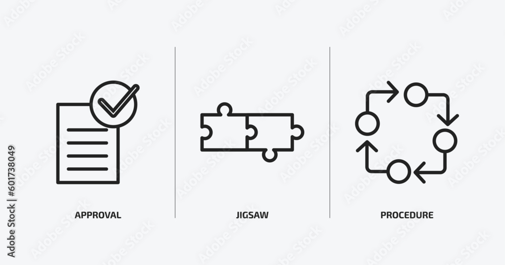 Poster startup stategy and outline icons set. startup stategy and icons such as approval, jigsaw, procedure