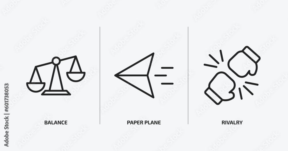 Poster startup stategy and outline icons set. startup stategy and icons such as balance, paper plane, rival