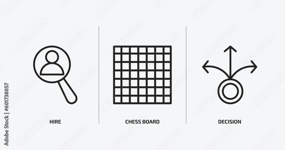 Poster startup stategy and outline icons set. startup stategy and icons such as hire, chess board, decision
