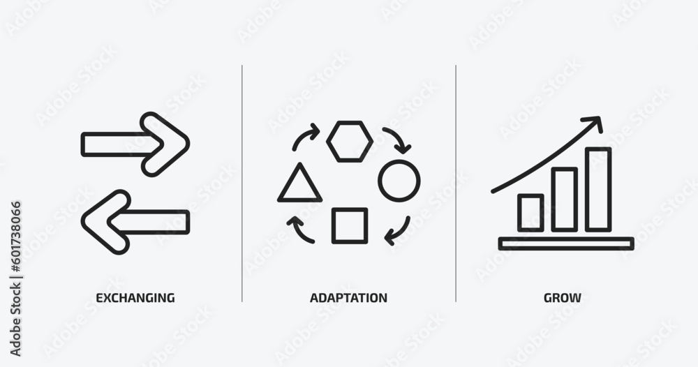 Poster startup stategy and outline icons set. startup stategy and icons such as exchanging, adaptation, gro