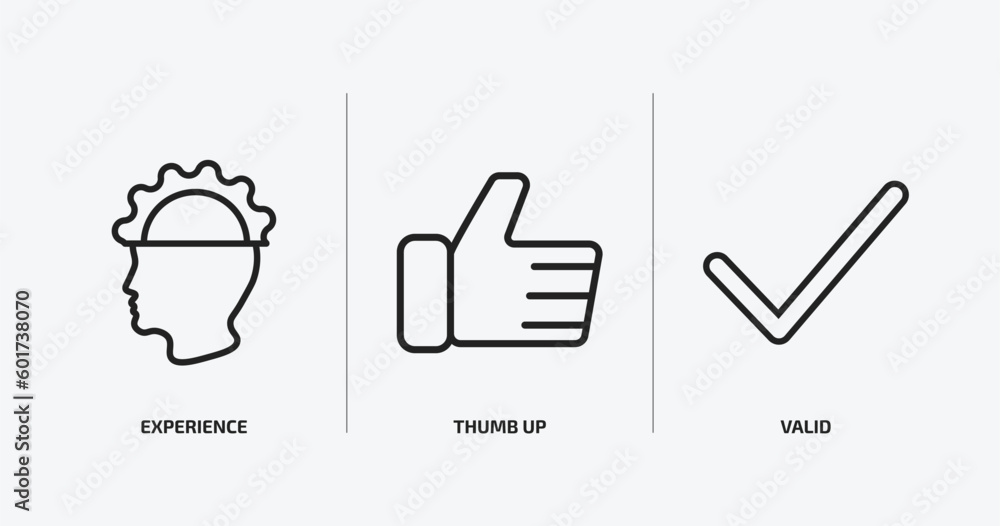 Poster startup stategy and outline icons set. startup stategy and icons such as experience, thumb up, valid
