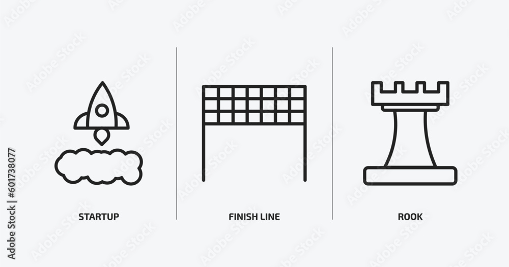 Poster startup stategy and outline icons set. startup stategy and icons such as startup, finish line, rook 