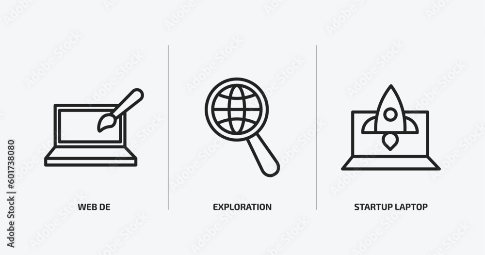 Poster startup stategy and outline icons set. startup stategy and icons such as web de, exploration, startu