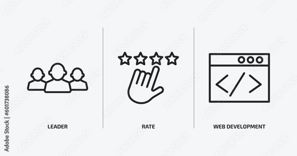 Poster startup stategy and outline icons set. startup stategy and icons such as leader, rate, web developme