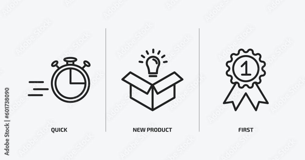 Poster startup stategy and outline icons set. startup stategy and icons such as quick, new product, first v