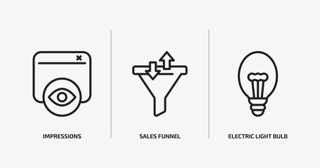 technology outline icons set. technology icons such as impressions, sales funnel, electric light bulb vector. can be used web and mobile.