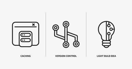 technology outline icons set. technology icons such as caching, version control, light bulb idea vector. can be used web and mobile.