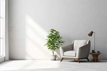 Modern minimalist interior with an armchair on empty white color wall background. AI generative