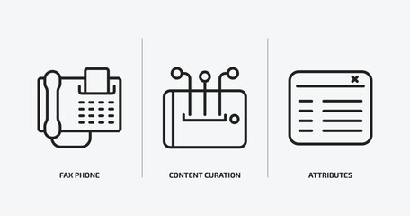 technology outline icons set. technology icons such as fax phone, content curation, attributes vector. can be used web and mobile.