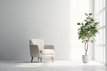 Modern minimalist interior with an armchair on empty white color wall background. AI generative