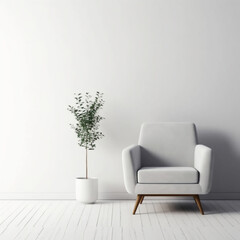 Modern minimalist interior with an armchair on empty white color wall background. AI generative