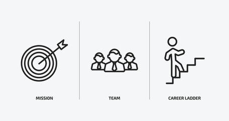 startup stategy and outline icons set. startup stategy and icons such as mission, team, career ladder vector. can be used web and mobile.