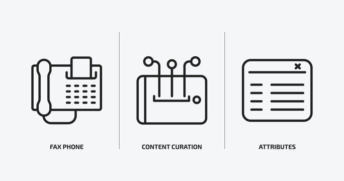 technology outline icons set. technology icons such as fax phone, content curation, attributes vector. can be used web and mobile.
