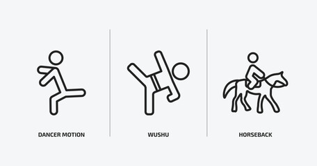 sports outline icons set. sports icons such as dancer motion, wushu, horseback vector. can be used web and mobile.