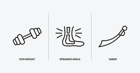 sports outline icons set. sports icons such as gym weight, sprained ankle, saber vector. can be used web and mobile.