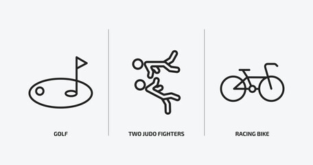 sports outline icons set. sports icons such as golf, two judo fighters, racing bike vector. can be used web and mobile.