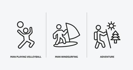 sports outline icons set. sports icons such as man playing volleyball, man windsurfing, adventure vector. can be used web and mobile.