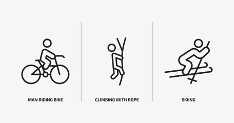 sports outline icons set. sports icons such as man riding bike, climbing with rope, skiing vector. can be used web and mobile.