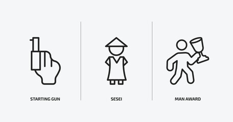 sports outline icons set. sports icons such as starting gun, sesei, man award vector. can be used web and mobile.
