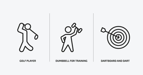 sports outline icons set. sports icons such as golf player, dumbbell for training, dartboard and dart vector. can be used web and mobile.