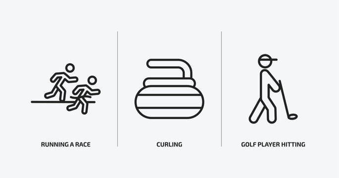 sports outline icons set. sports icons such as running a race, curling, golf player hitting vector. can be used web and mobile.