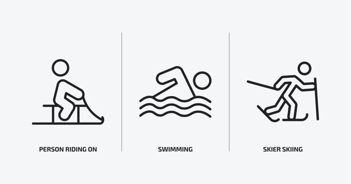 sports outline icons set. sports icons such as person riding on sleigh, swimming, skier skiing vector. can be used web and mobile.