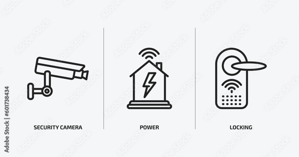 Poster smart home outline icons set. smart home icons such as security camera, power, locking vector. can b