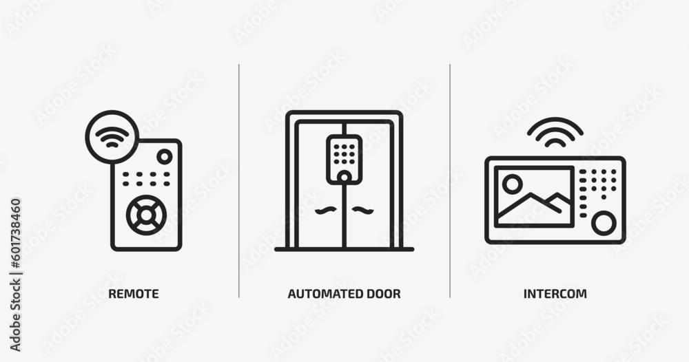 Poster smart home outline icons set. smart home icons such as remote, automated door, intercom vector. can 