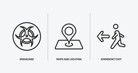 signs outline icons set. signs icons such as biohazard, maps and location, emergency exit vector. can be used web and mobile.