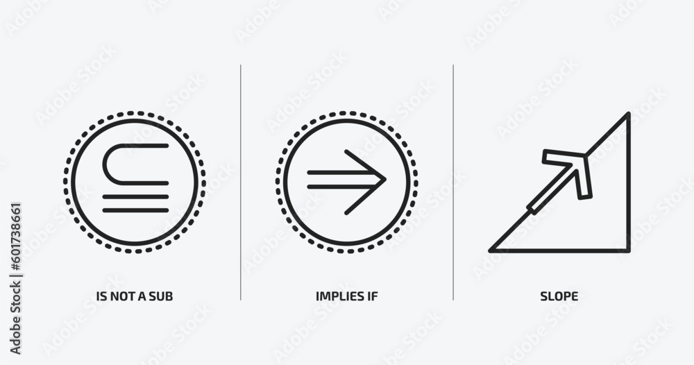 Poster signs outline icons set. signs icons such as is not a sub, implies if, slope vector. can be used web