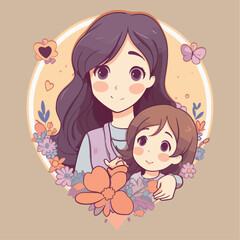 Mothers Day Illustration vector concept Cute Kawaii Style Love childern