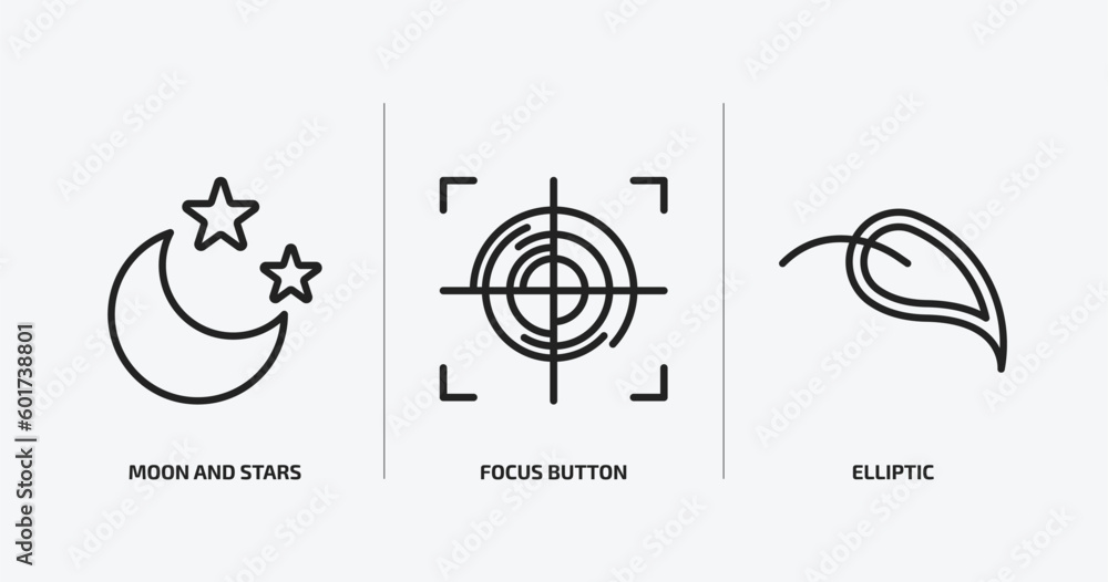 Aufkleber shapes outline icons set. shapes icons such as moon and stars, focus button, elliptic vector. can be