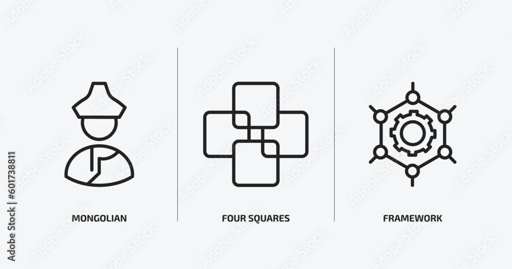 Poster shapes outline icons set. shapes icons such as mongolian, four squares, framework vector. can be use