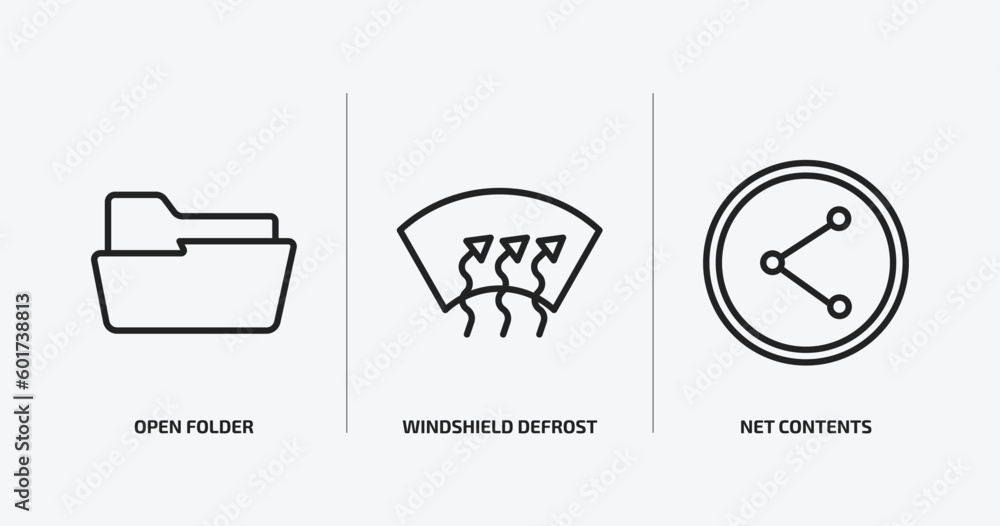 Poster shapes outline icons set. shapes icons such as open folder, windshield defrost, net contents vector.
