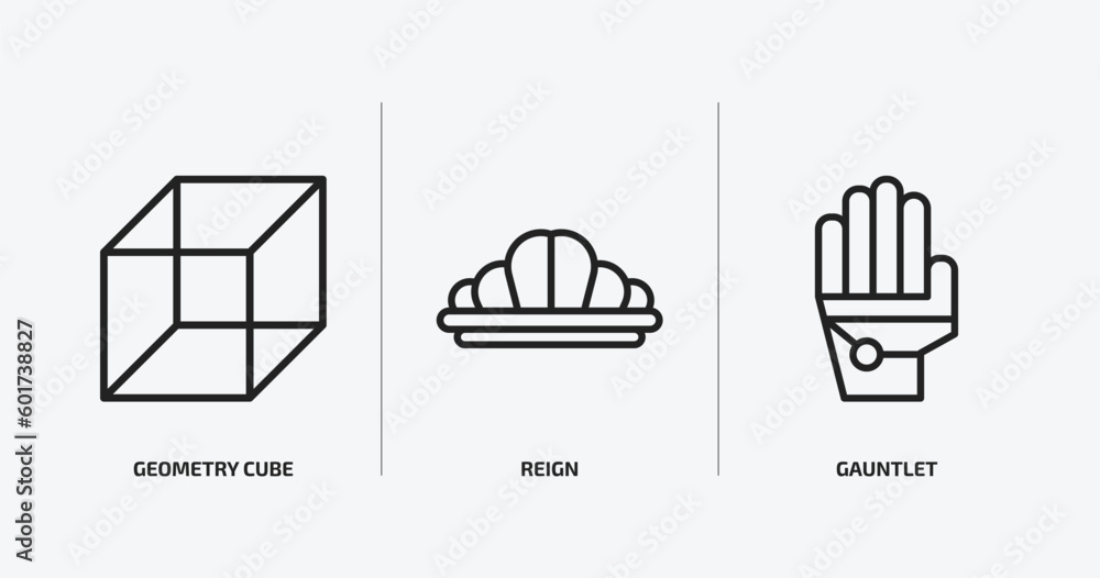 Poster shapes outline icons set. shapes icons such as geometry cube, reign, gauntlet vector. can be used we