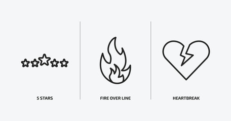 shapes outline icons set. shapes icons such as 5 stars, fire over line, heartbreak vector. can be used web and mobile.