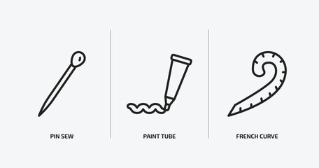 sew outline icons set. sew icons such as pin sew, paint tube, french curve vector. can be used web and mobile.