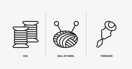 sew outline icons set. sew icons such as coil, ball of wool, threader vector. can be used web and mobile. - obrazy, fototapety, plakaty