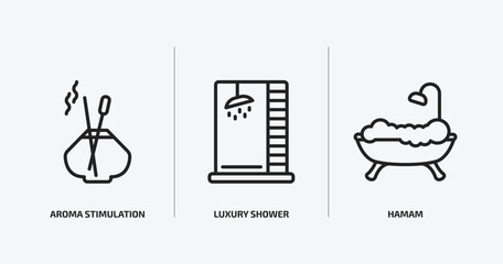 sauna outline icons set. sauna icons such as aroma stimulation, luxury shower, hamam vector. can be used web and mobile.