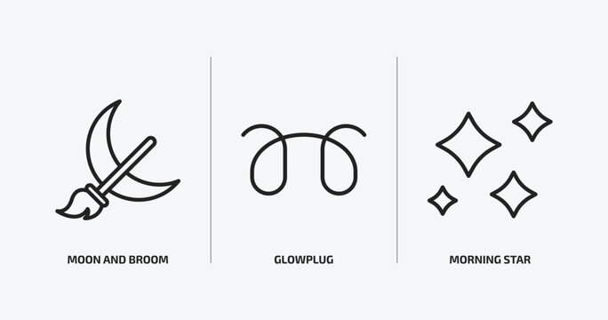 shapes outline icons set. shapes icons such as moon and broom, glowplug, morning star vector. can be used web and mobile.