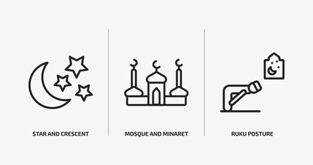 religion collection. outline icons set. religion collection. icons such as star and crescent moon, mosque and minaret, ruku posture vector. can be used web and mobile.