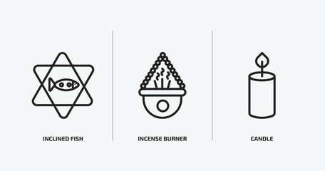 religion outline icons set. religion icons such as inclined fish, incense burner, candle vector. can be used web and mobile.