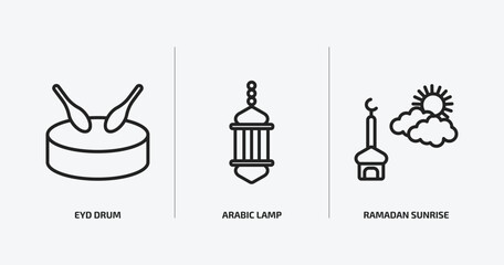religion outline icons set. religion icons such as eyd drum, arabic lamp, ramadan sunrise vector. can be used web and mobile.