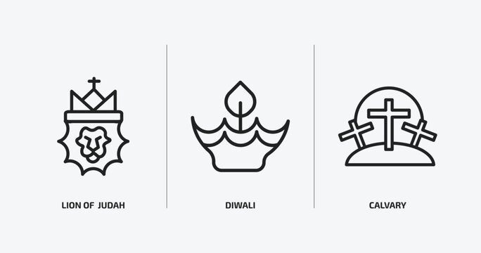 religion outline icons set. religion icons such as lion of judah, diwali, calvary vector. can be used web and mobile.