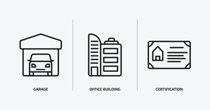 real estate outline icons set. real estate icons such as garage, office building, certification vector. can be used web and mobile.